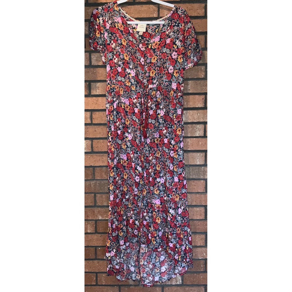 Knox Rose Womens Red Floral Boho High Low Midi Dress Short Sleeve Large V-Neck L